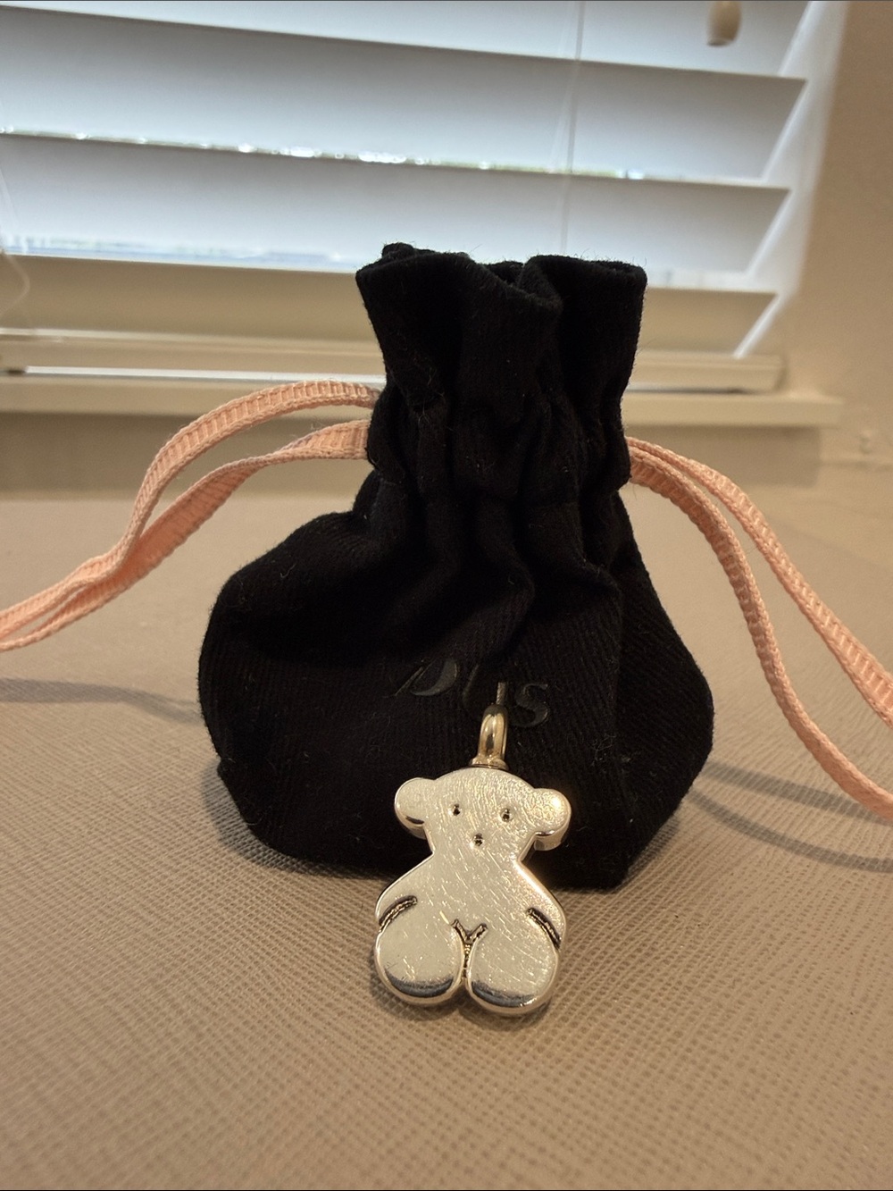 Silver Teddy Bear Pendant with Black Pouch